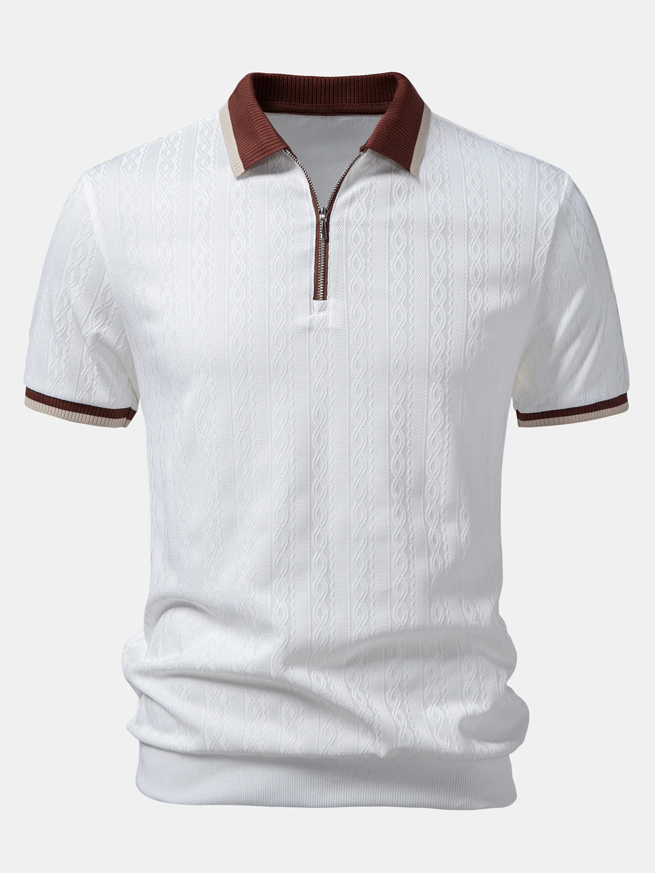 Contrast Trim Textured Zipper Knit Polo