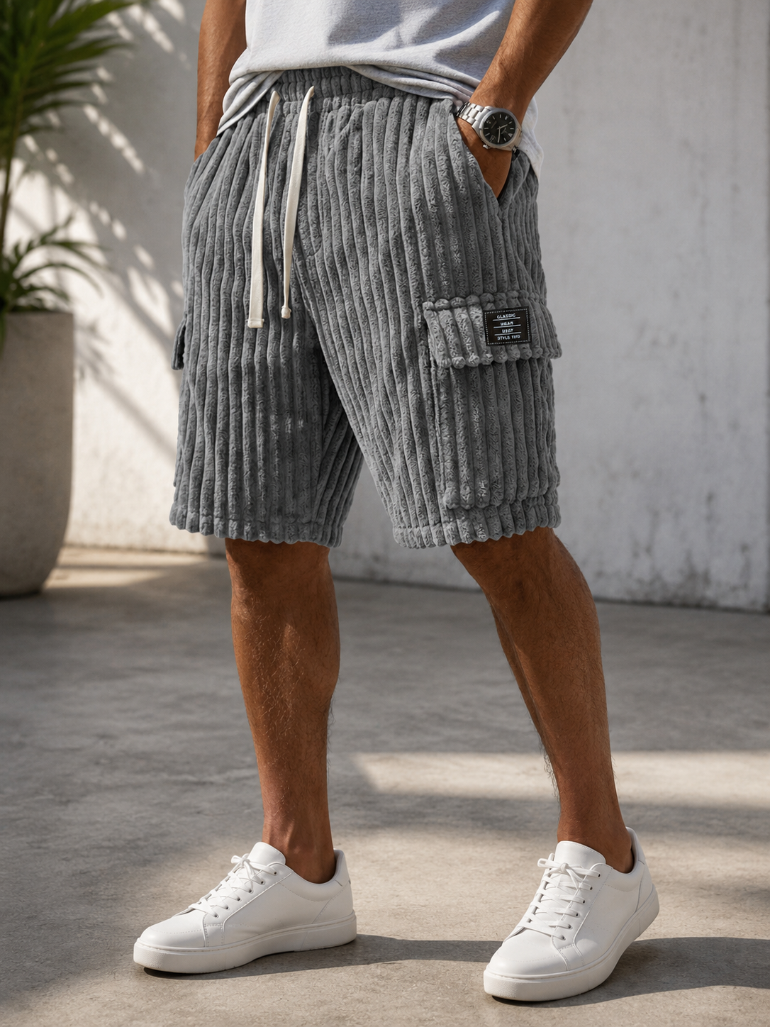 Men's Vintage Embroidered Logo Corduroy Multi Pocket Cargo Shorts