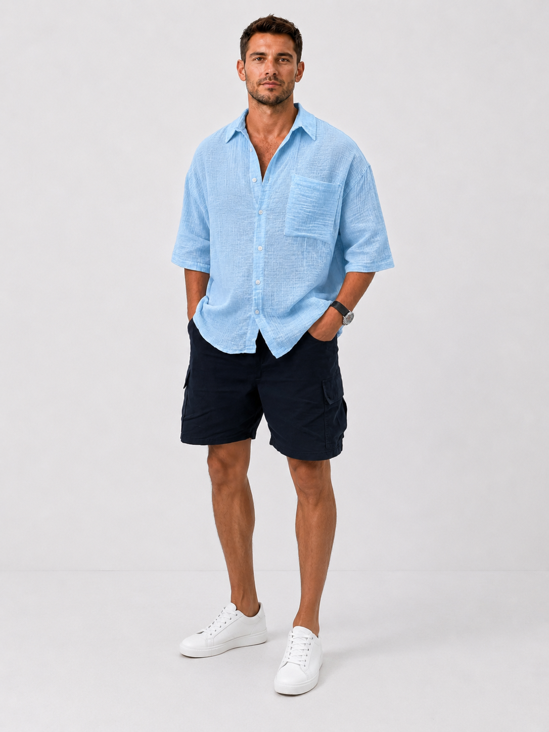 Men's Casual Loose Textured Striped Cool Short-Sleeve Shirt