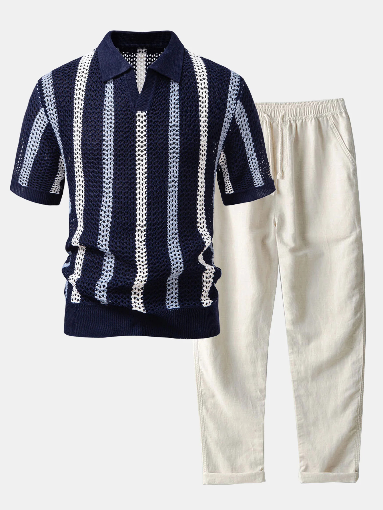 Striped Crochet V Neck Polo & Straight Leg Linen Pants