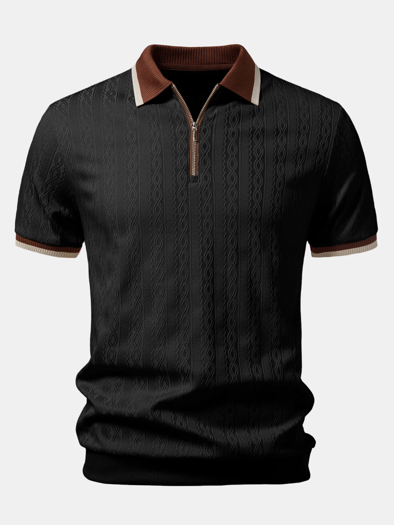 Contrast Trim Textured Zipper Knit Polo