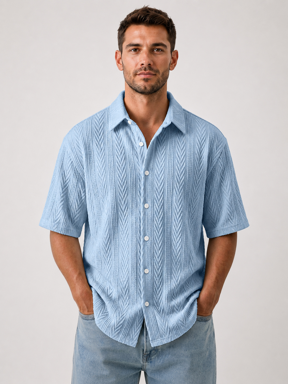 Men's Comfortable Casual Jacquard Wheat Ear Stripe Breathable Collared Short-Sleeve Shirt