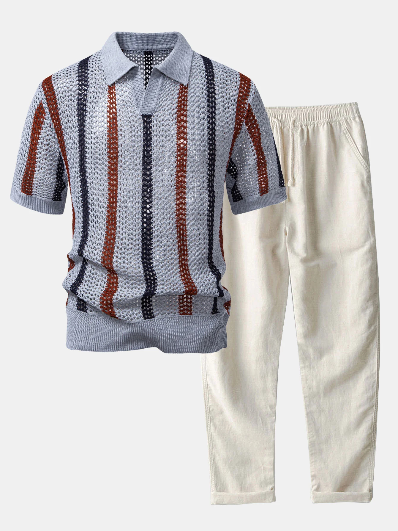 Striped Crochet V Neck Polo & Straight Leg Linen Pants