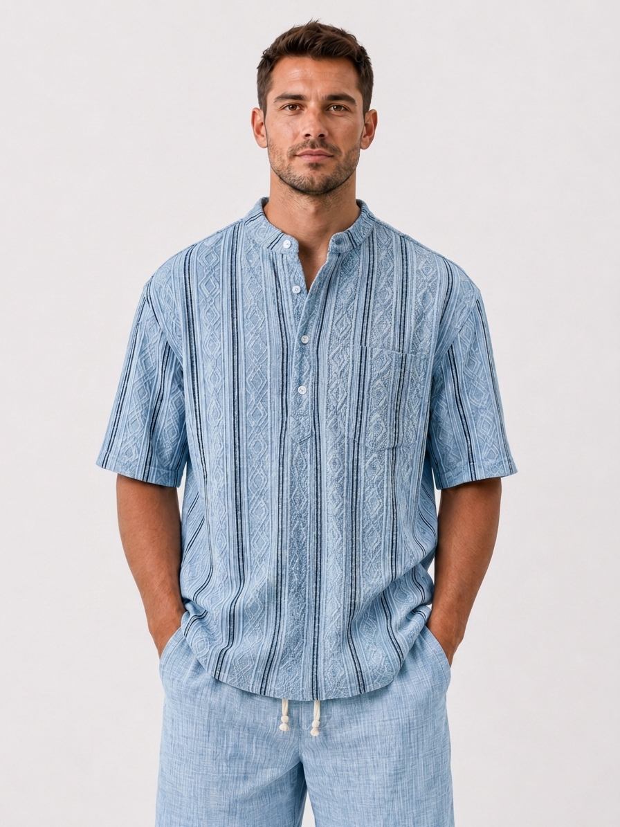 Men's Casual Jacquard Textured Breathable Short Sleeve Henley Shirt