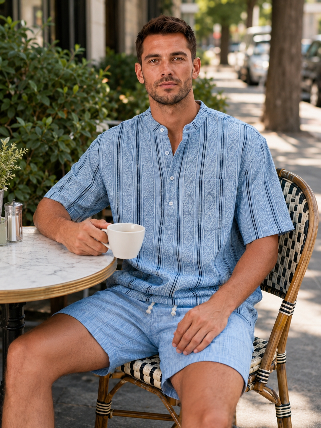 Men's Casual Jacquard Textured Breathable Short Sleeve Henley Shirt
