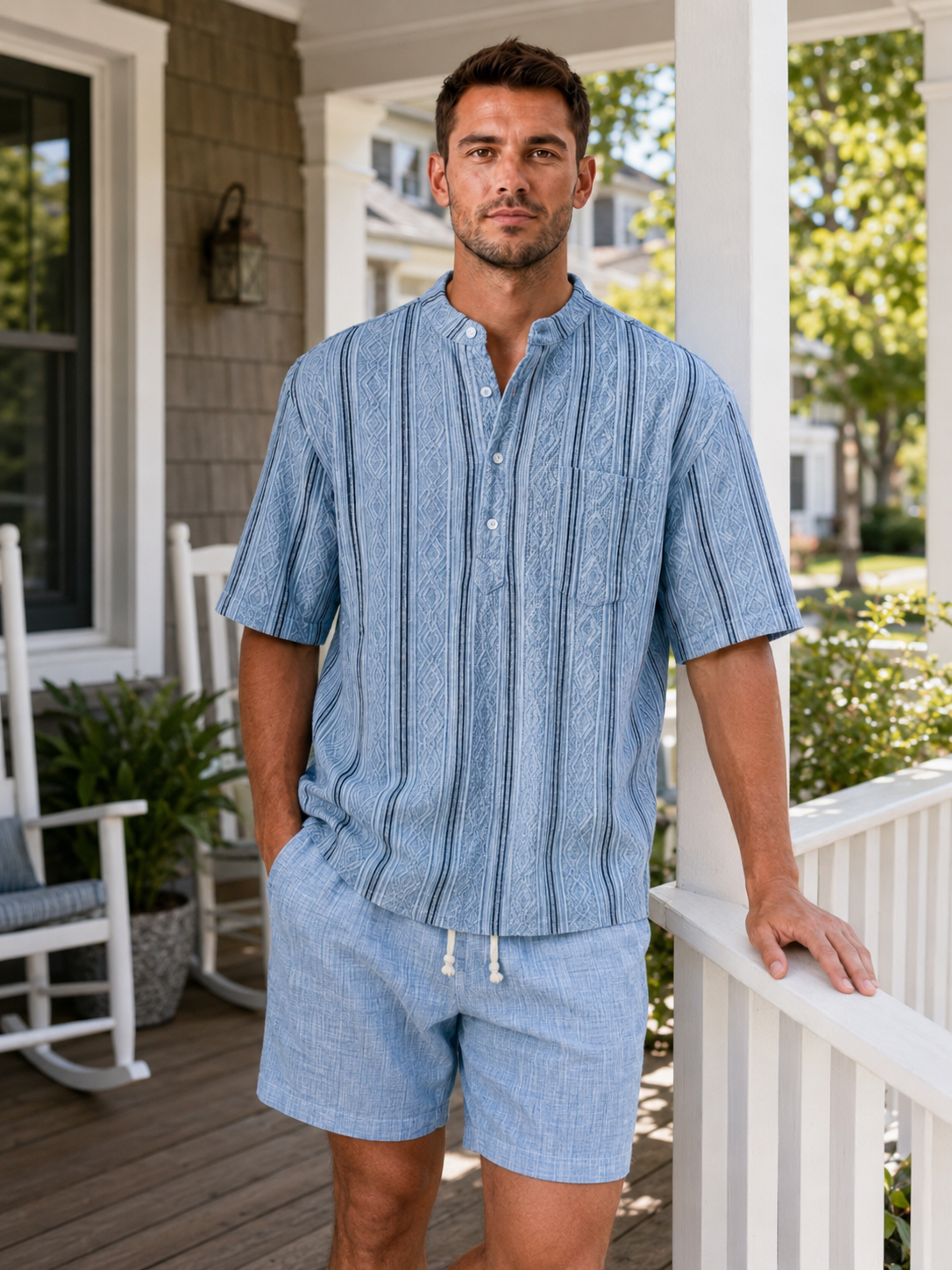 Men's Casual Jacquard Textured Breathable Short Sleeve Henley Shirt