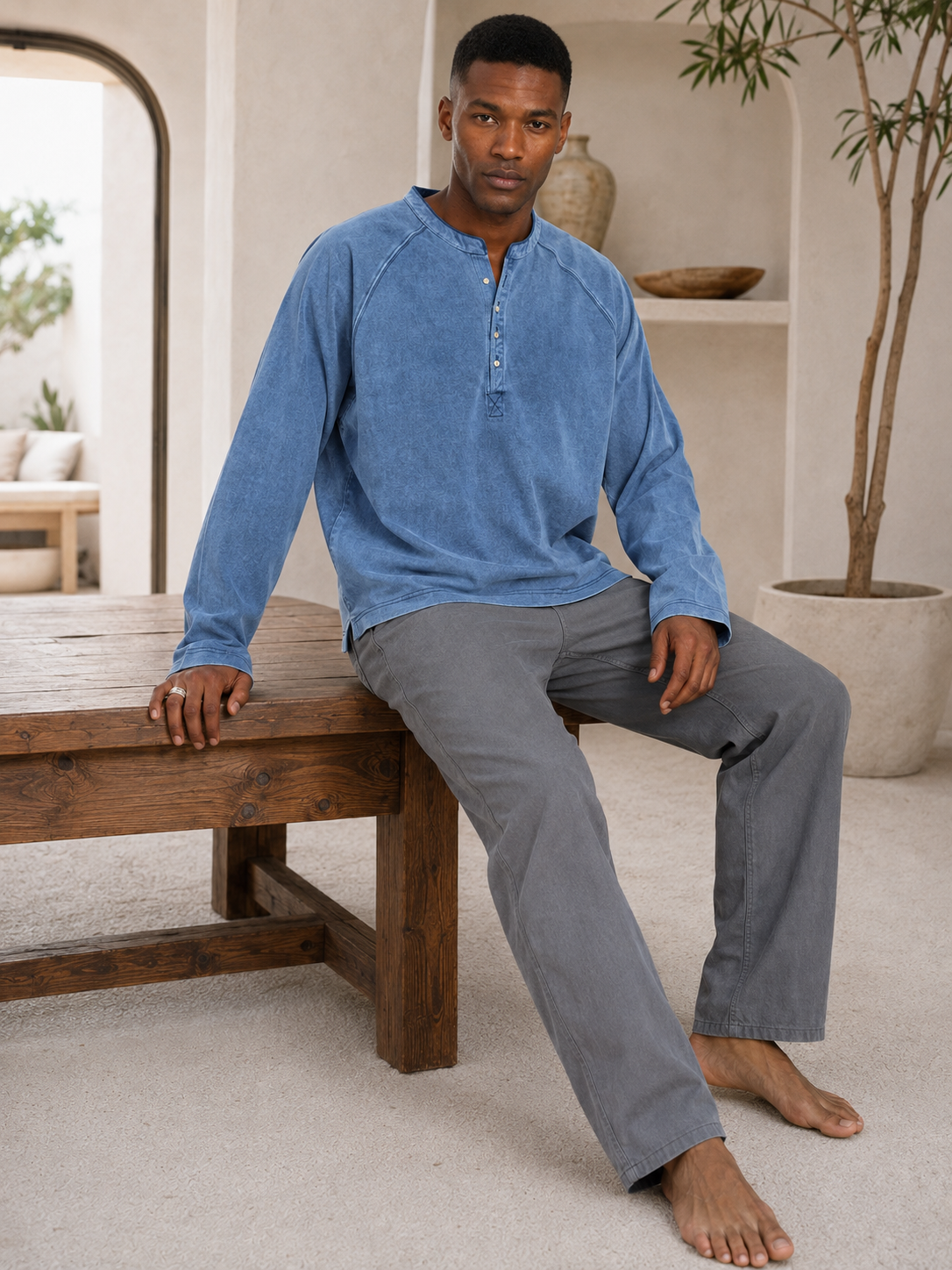 Men's Vintage Washed Cotton Henley Long-Sleeve T-Shirt