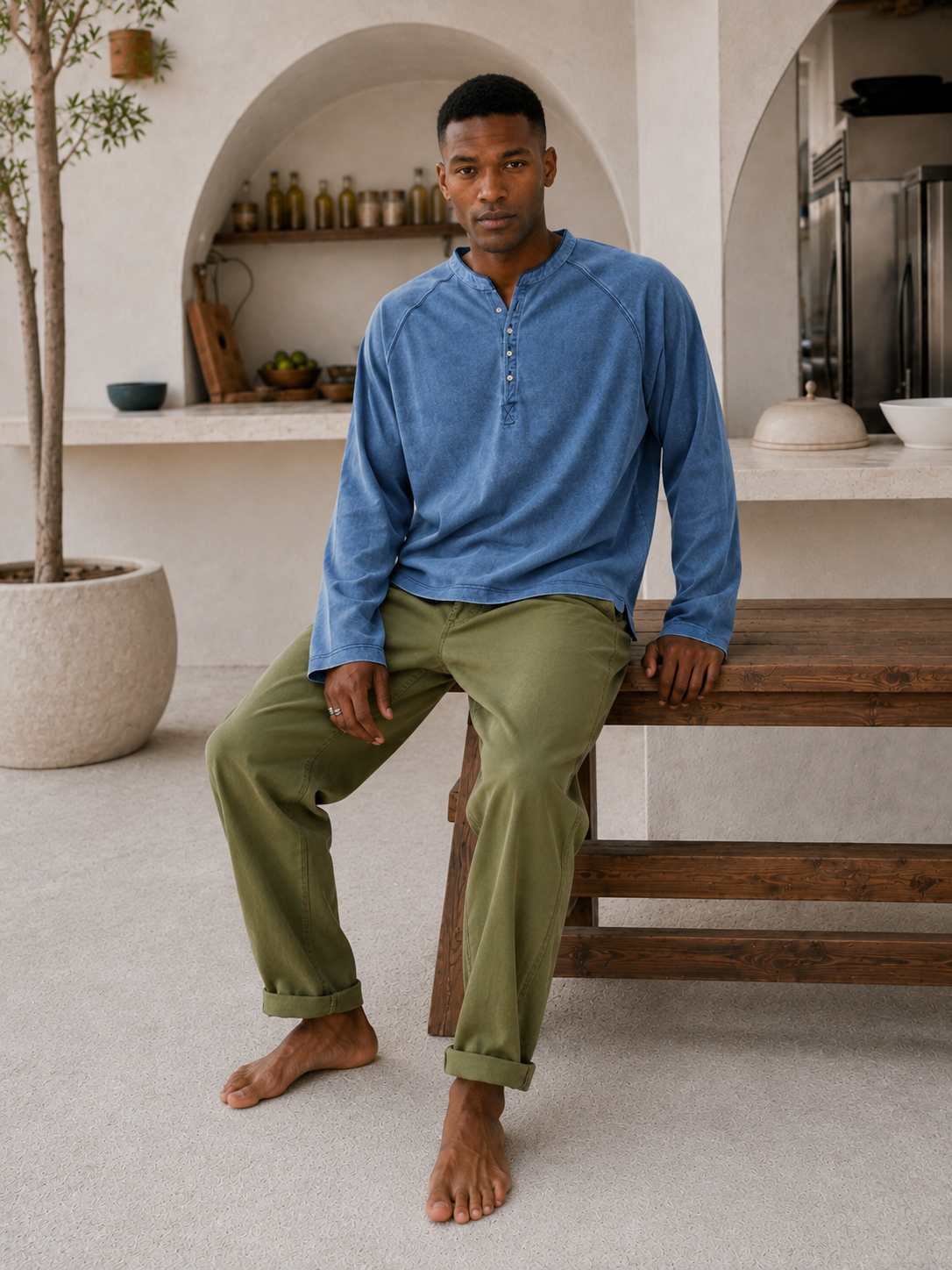 Men's Vintage Washed Cotton Henley Long-Sleeve T-Shirt