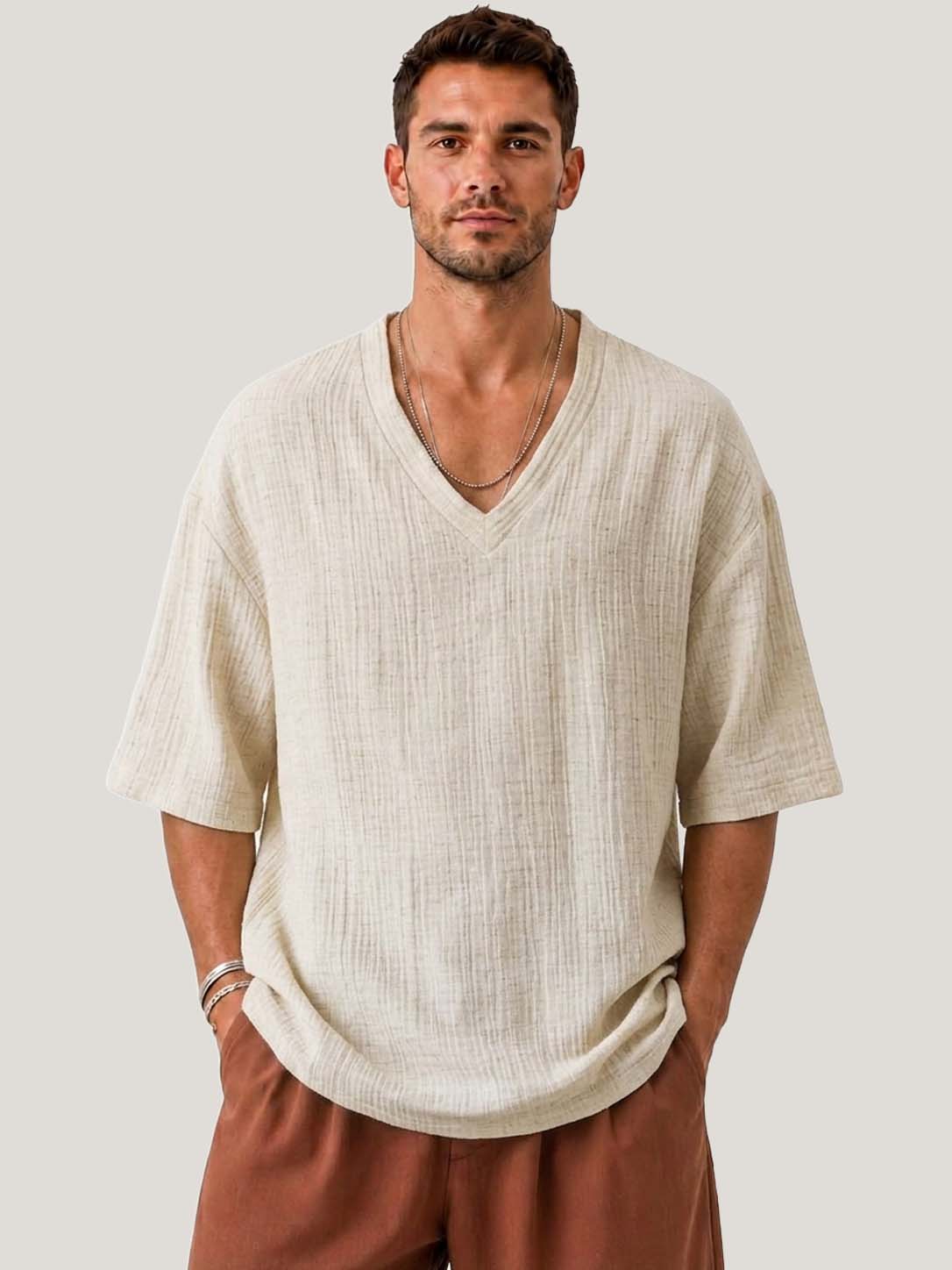 V-Neck Cotton Linen Textured Loose Fit Casual Short Sleeve Top