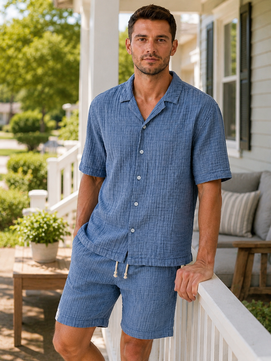 Men's Casual Loose Comfortable Textured Cuban Collar Short Sleeve Shirt