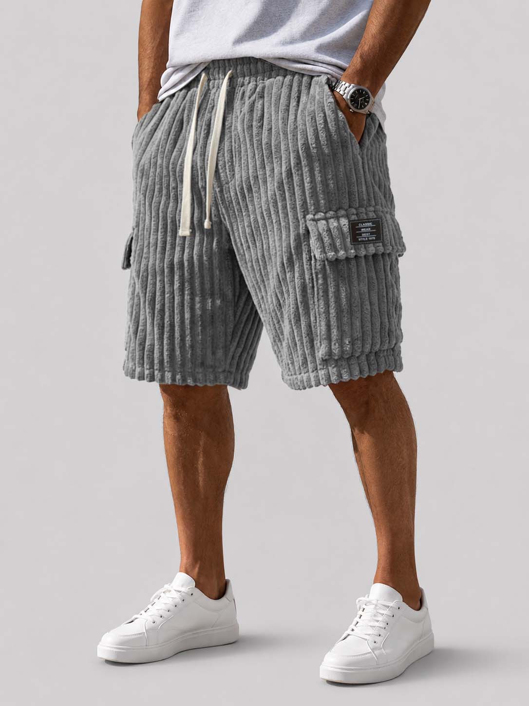 Men's Vintage Embroidered Logo Corduroy Multi Pocket Cargo Shorts