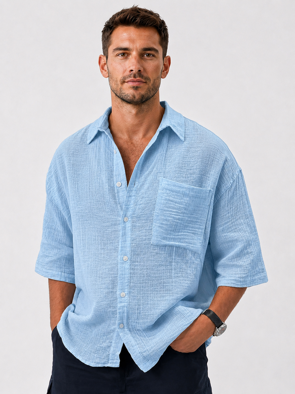 Men's Casual Loose Textured Striped Cool Short-Sleeve Shirt