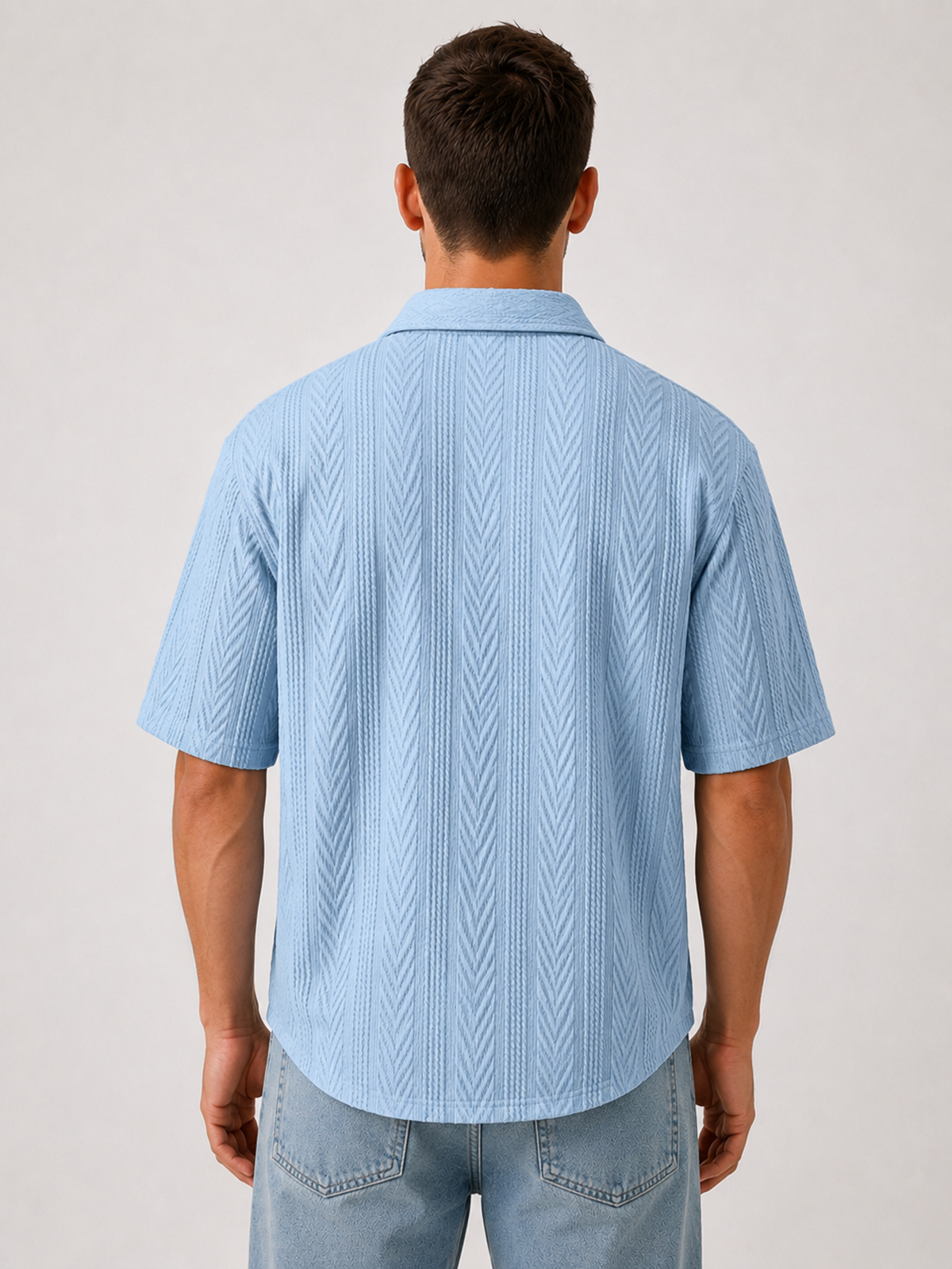 Men's Comfortable Casual Jacquard Wheat Ear Stripe Breathable Collared Short-Sleeve Shirt
