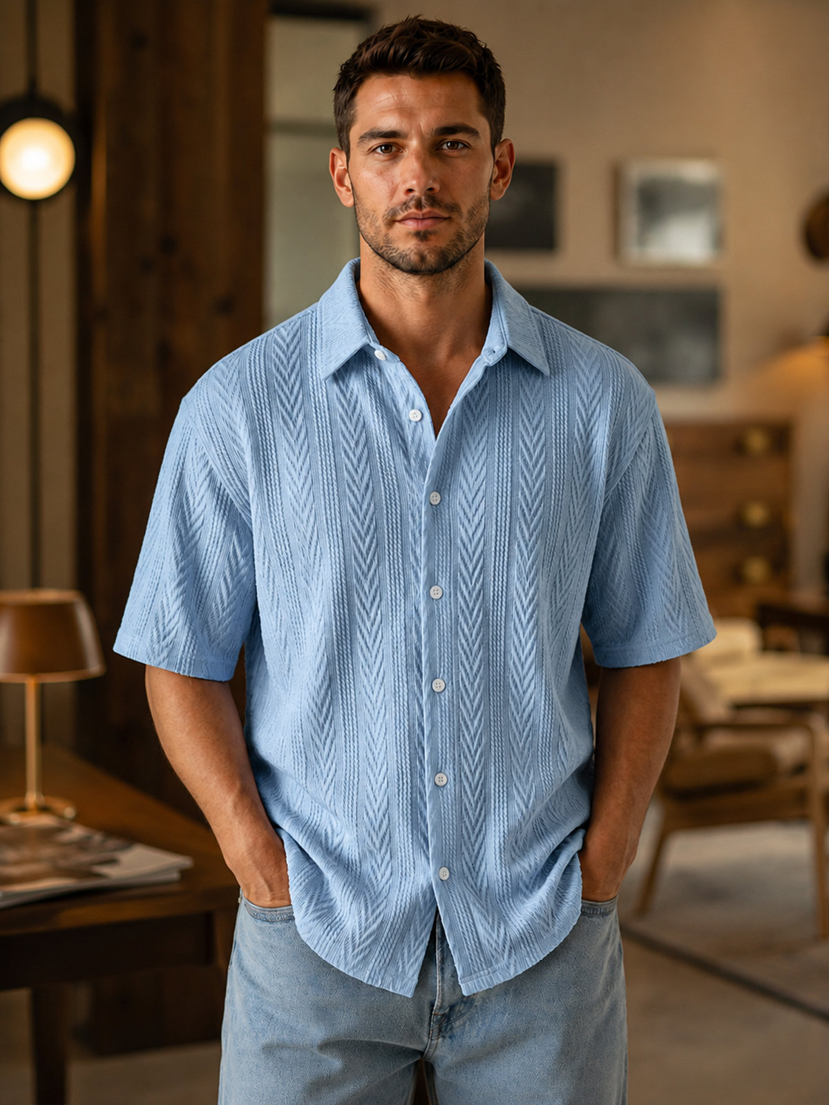 Men's Comfortable Casual Jacquard Wheat Ear Stripe Breathable Collared Short-Sleeve Shirt