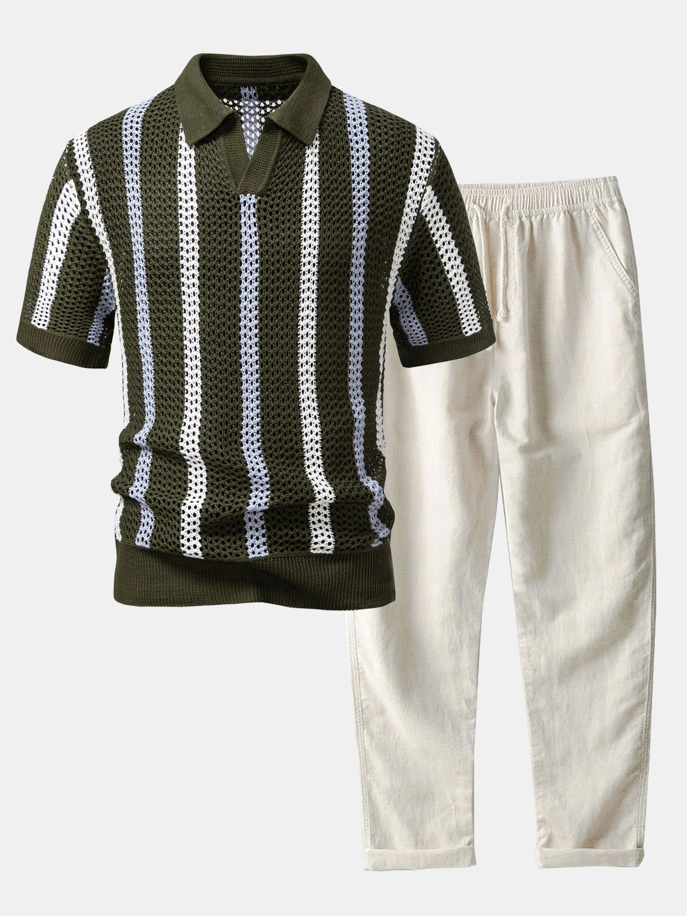 Striped Crochet V Neck Polo & Straight Leg Linen Pants