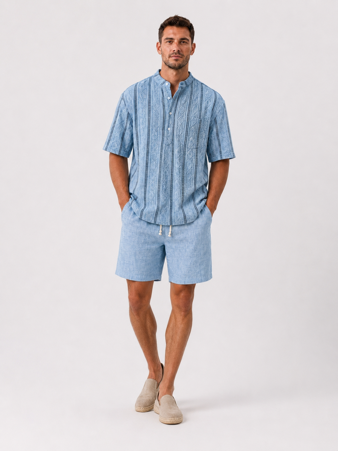 Men's Casual Jacquard Textured Breathable Short Sleeve Henley Shirt