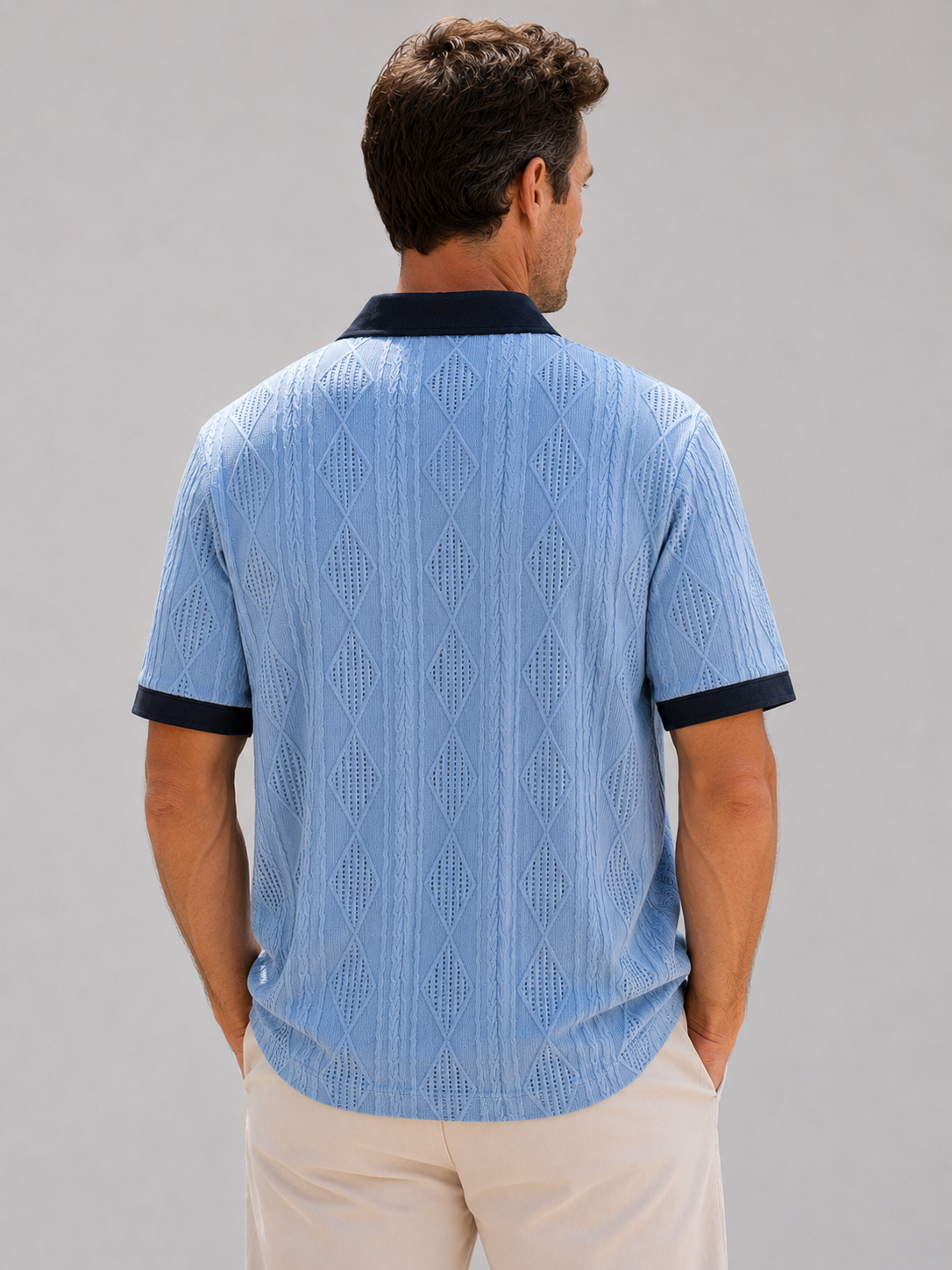 Men's Casual Jacquard Textured Breathable Collared Short Sleeve Polo Shirt