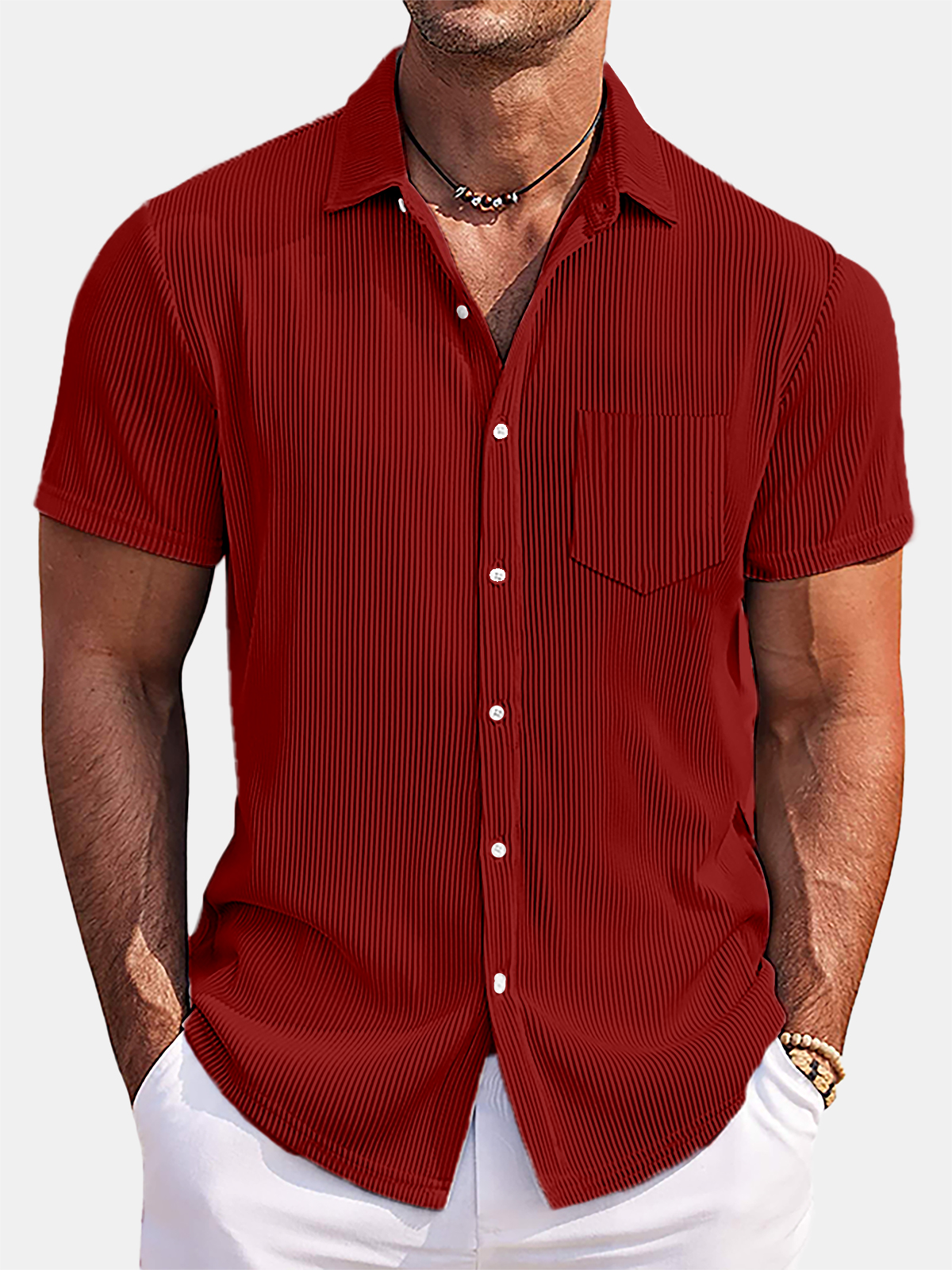 Men's Solid Color Loose And Comfortable Vertical Striped Short-sleeved Shirt