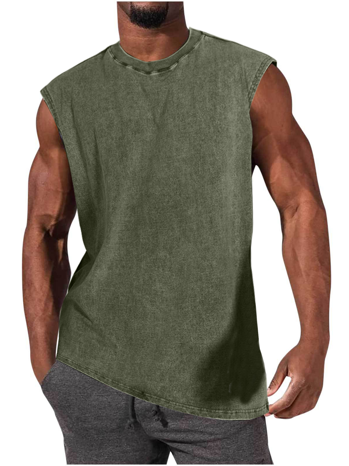 Men's 100% Cotton Washed And Distressed Vintage Round Neck Sleeveless Sports Tank Top