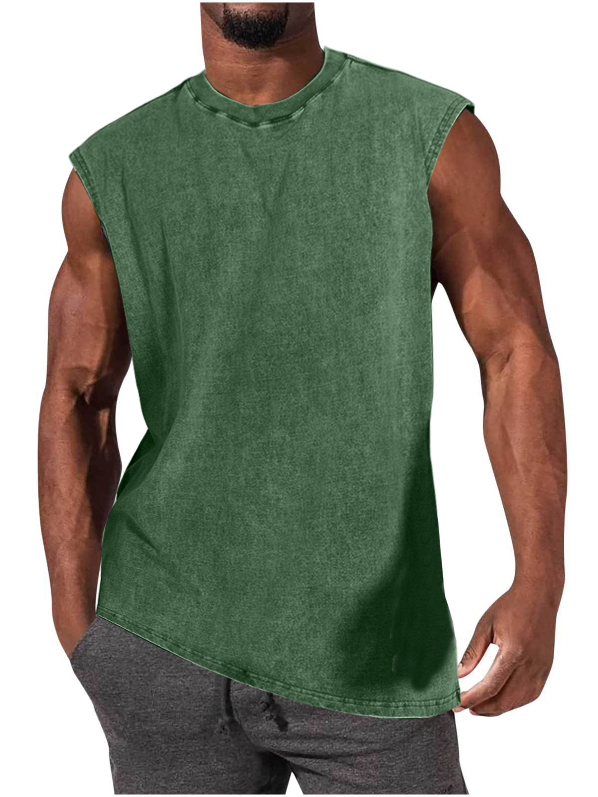 Men's 100% Cotton Washed And Distressed Vintage Round Neck Sleeveless Sports Tank Top