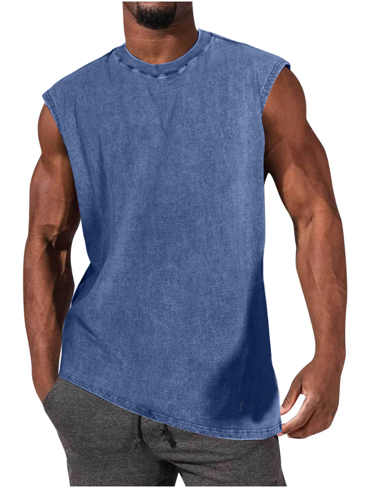 Men's 100% Cotton Washed And Distressed Vintage Round Neck Sleeveless Sports Tank Top