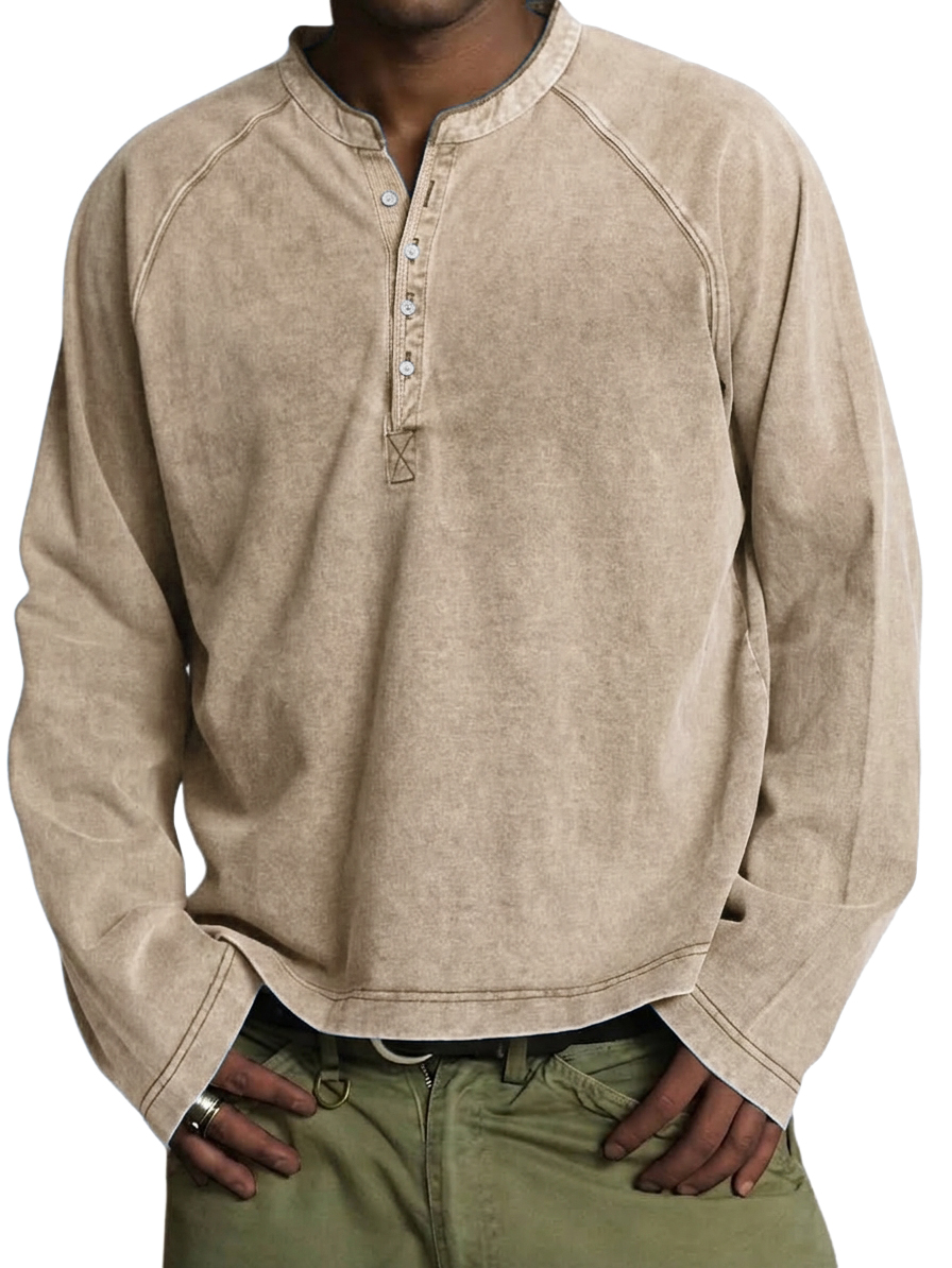 Men's Vintage Washed Cotton Henley Long-Sleeve T-Shirt