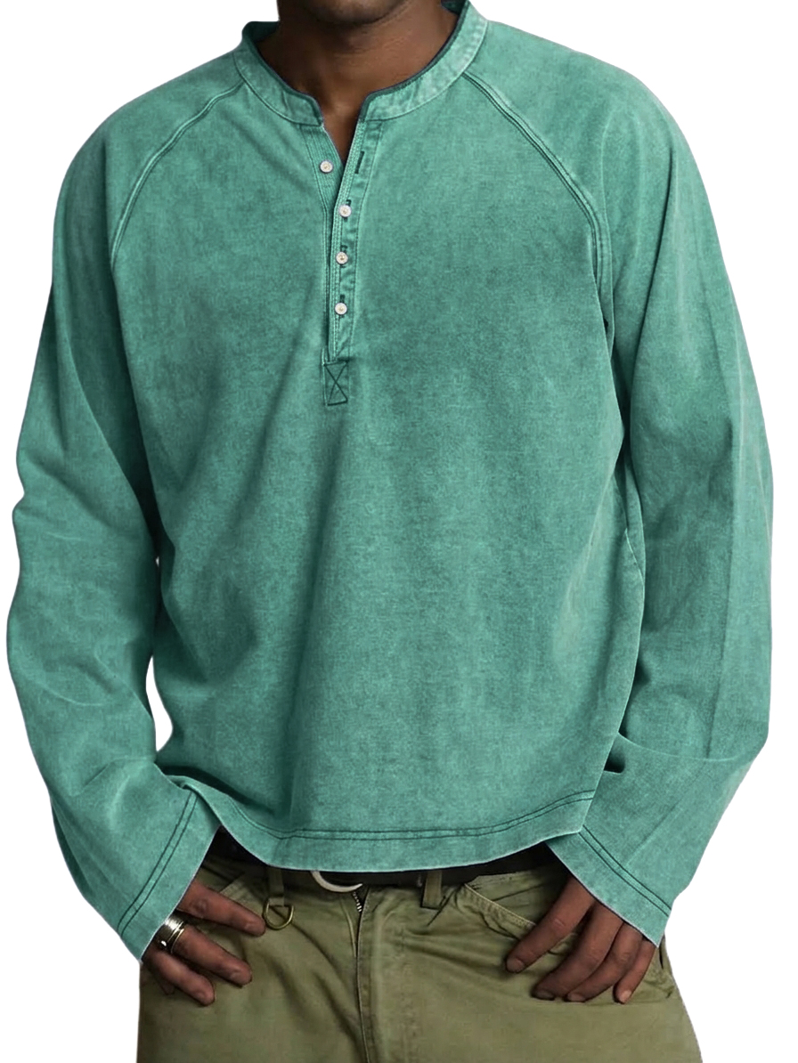 Men's Vintage Washed Cotton Henley Long-Sleeve T-Shirt