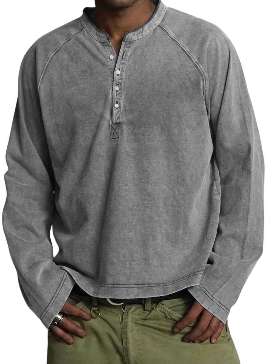 Men's Vintage Washed Cotton Henley Long-Sleeve T-Shirt