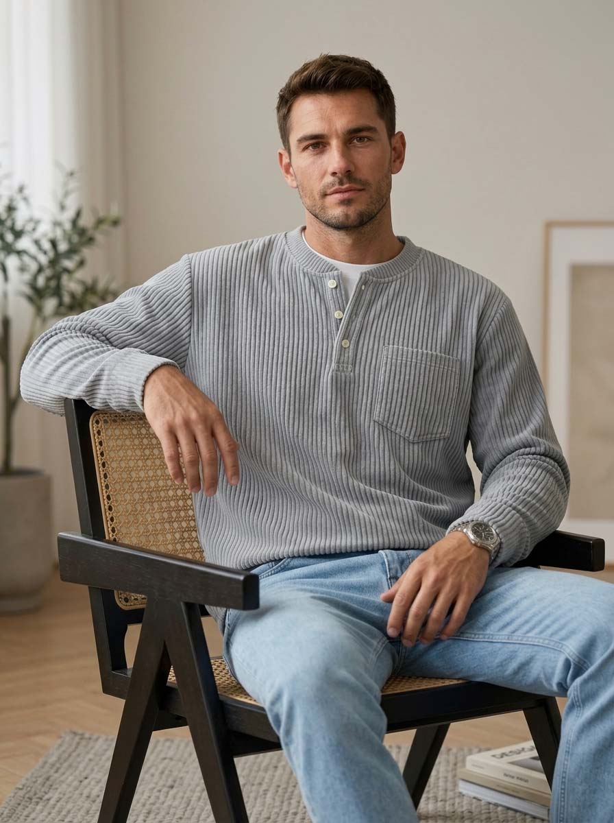 Men's Retro Corduroy Pocket Casual Long-Sleeve Henley Shirt