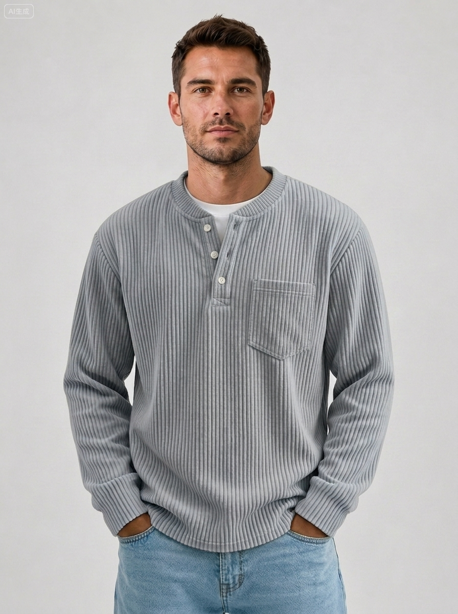 Men's Retro Corduroy Pocket Casual Long-Sleeve Henley Shirt