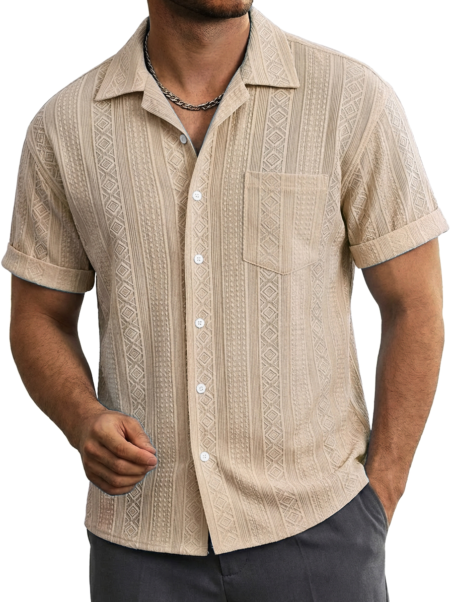 Men's Casual Striped Jacquard Short-Sleeve Shirt