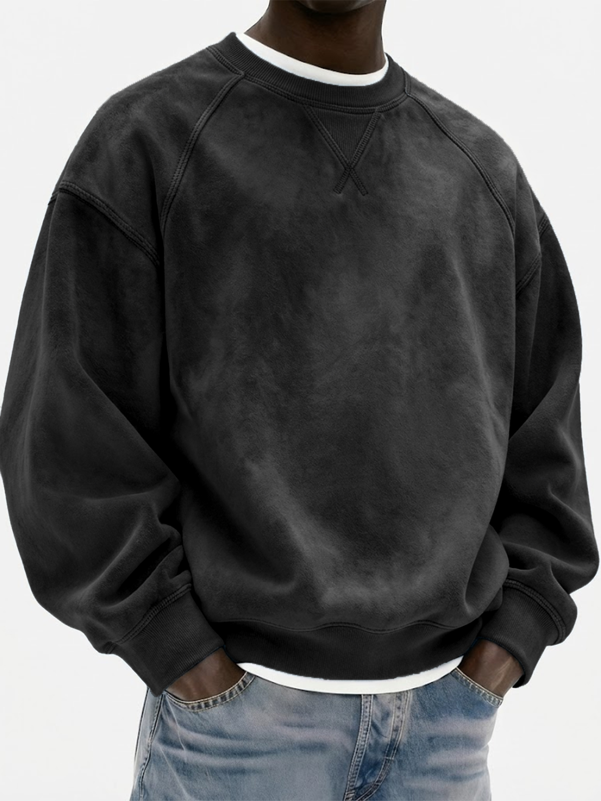 Men's Vintage Suede Heavyweight Raglan Patchwork Pullover Sweatshirt