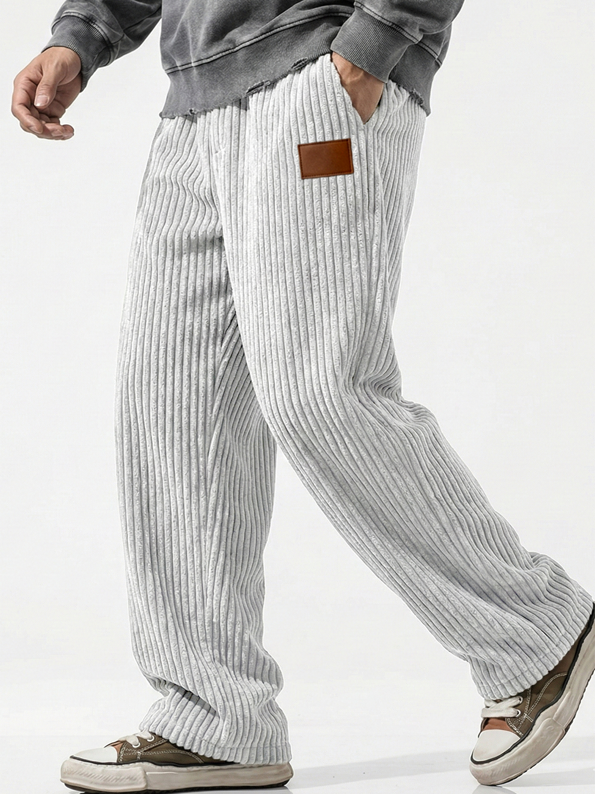 Vertical Striped Corduroy Pants with Embroidery