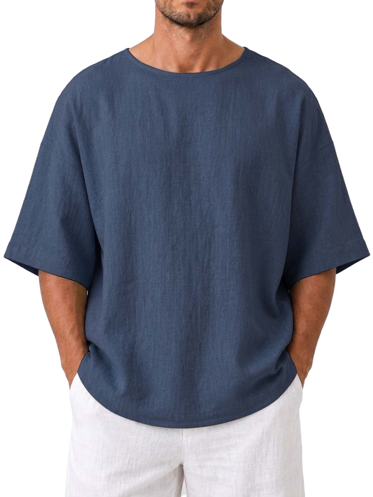 Cotton Linen Round Neck Loose Fit Casual Short Sleeve Top