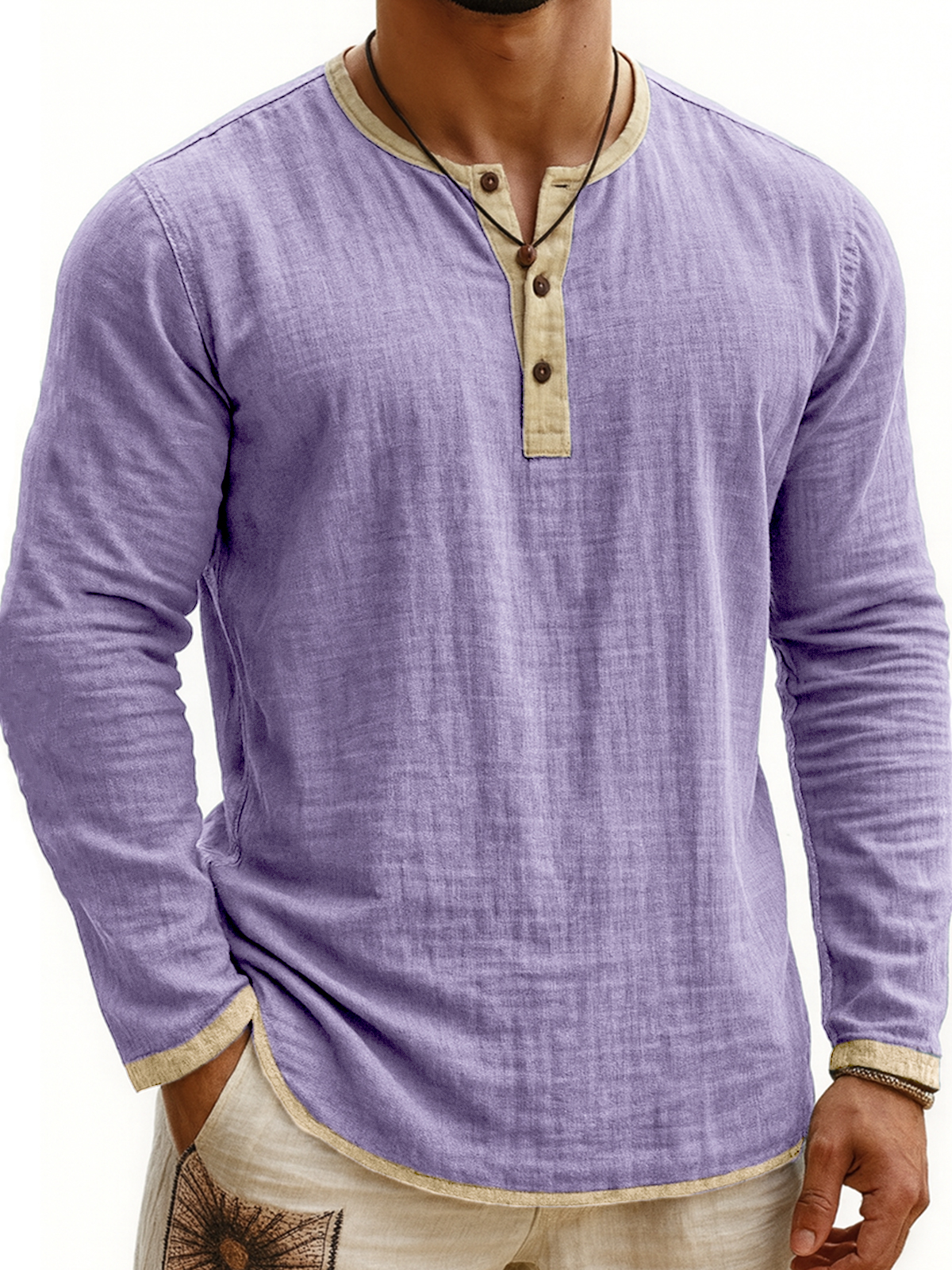 Men's Breathable Linen Vintage Contrast Casual Henley Shirt