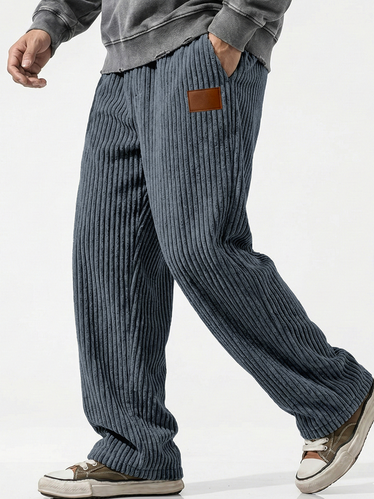 Vertical Striped Corduroy Pants with Embroidery