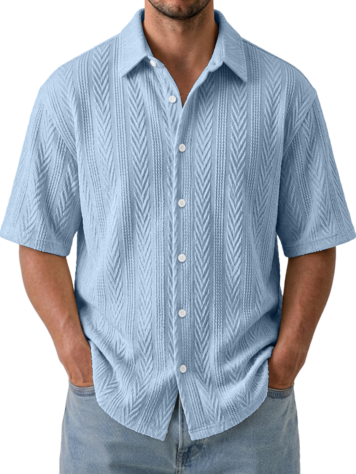 Men's Comfortable Casual Jacquard Wheat Ear Stripe Breathable Collared Short-Sleeve Shirt