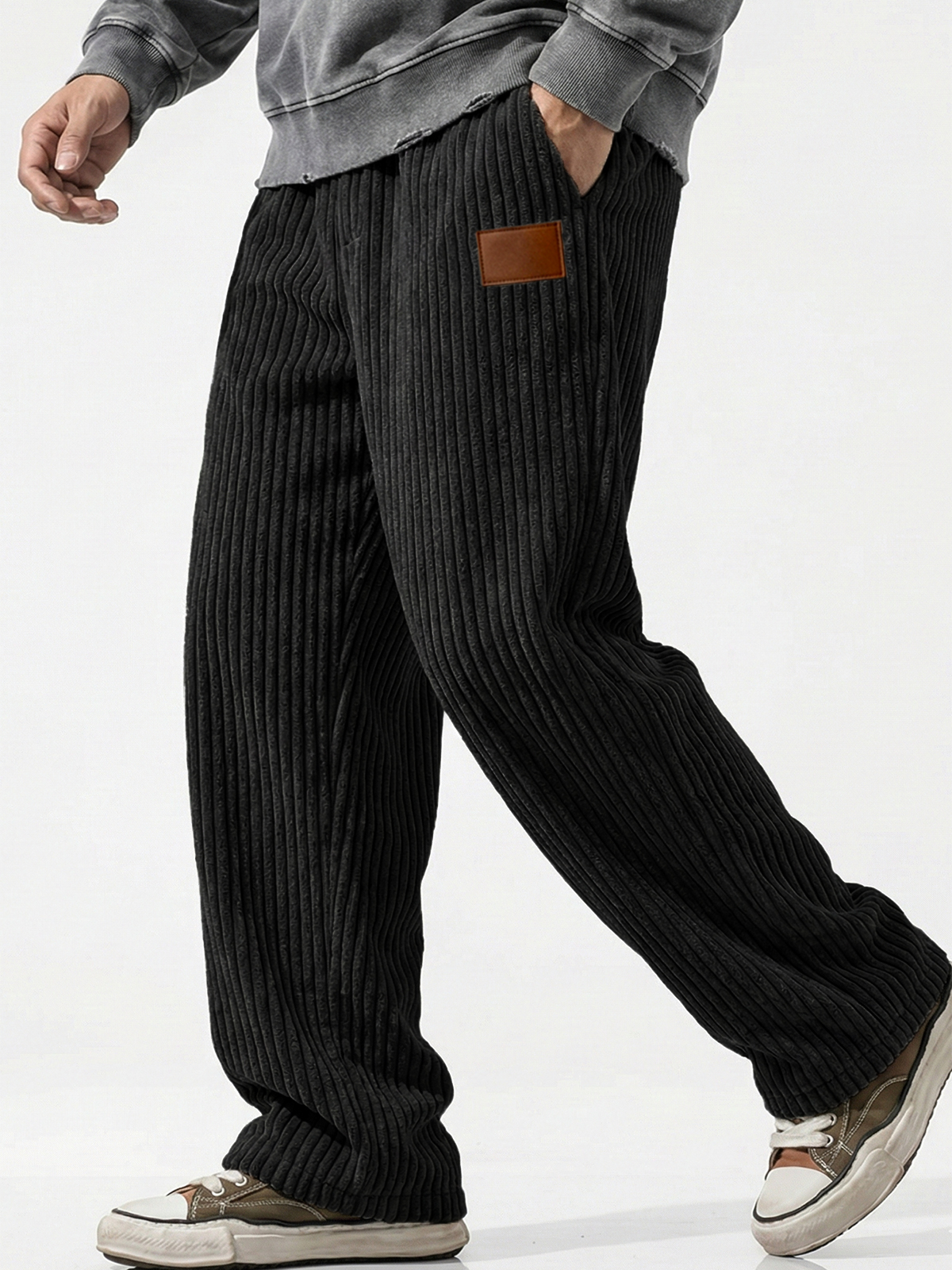 Vertical Striped Corduroy Pants with Embroidery