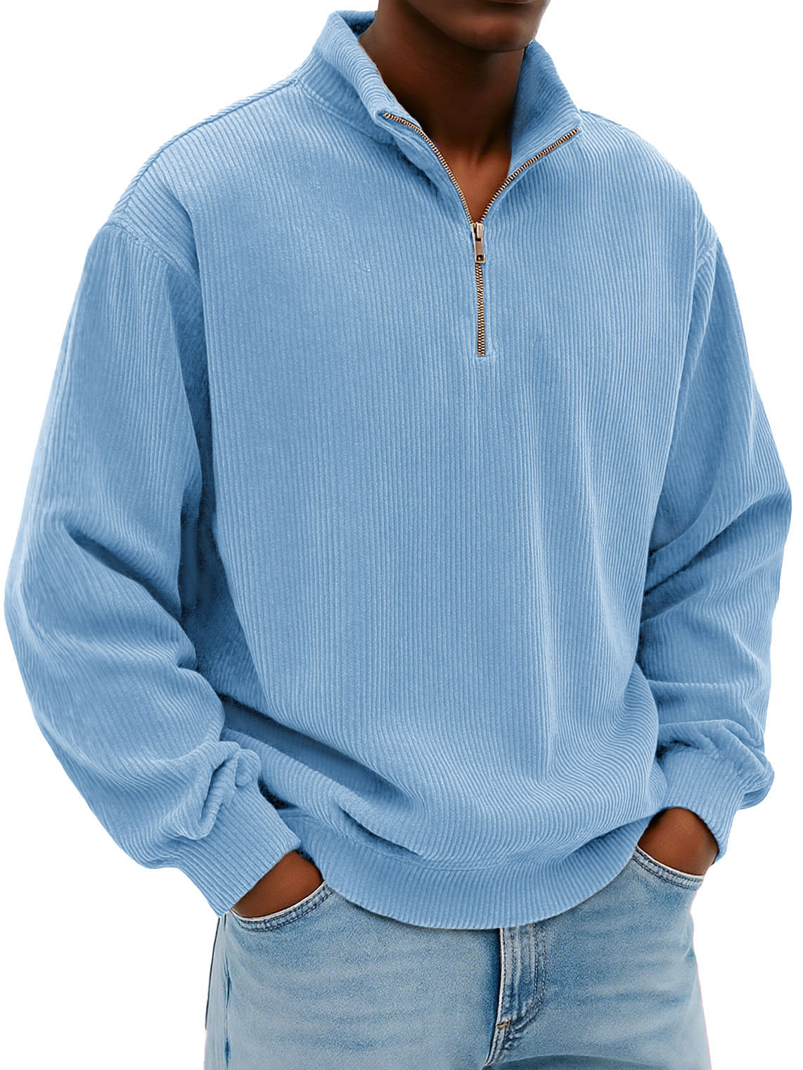 Men's Wear Fashionable Daily Casual Corduroy Pit Strip Fabric Long-sleeved Loose Stand-up Collar Sweater