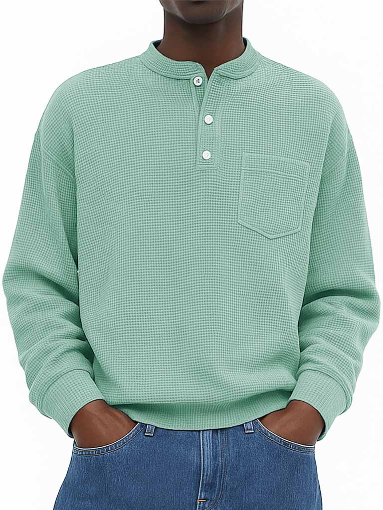Men's Wear Fashionable Casual Waffle Fabric Pockets Long-sleeved Henry Shirt