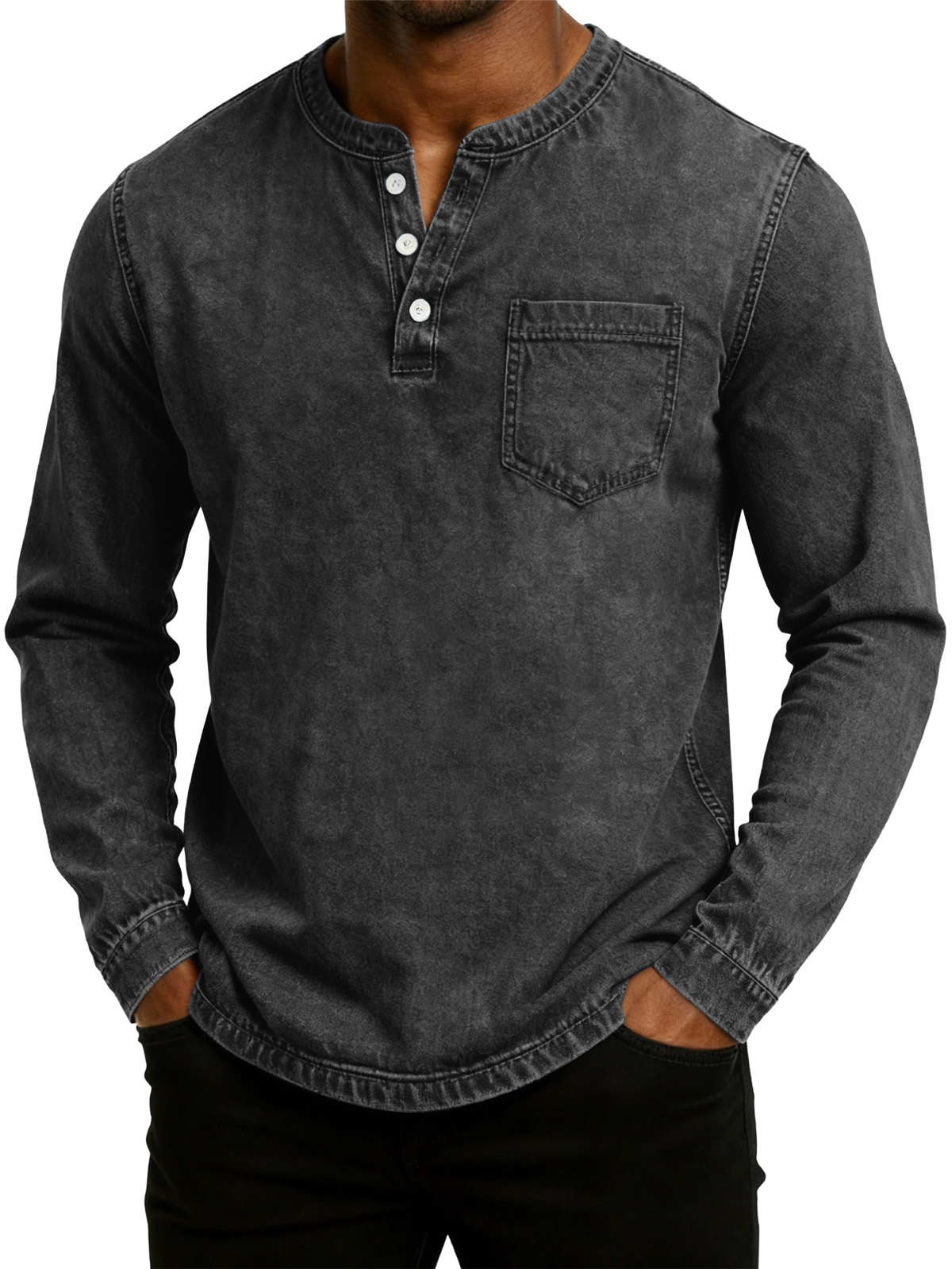 Men's Retro Fashion Washed Distressed Henley Collar Long Sleeve T-Shirt