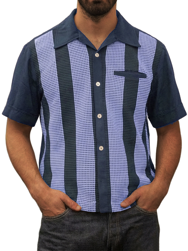 Men's Vintage Waffle-Knit Striped Short-Sleeve Shirt