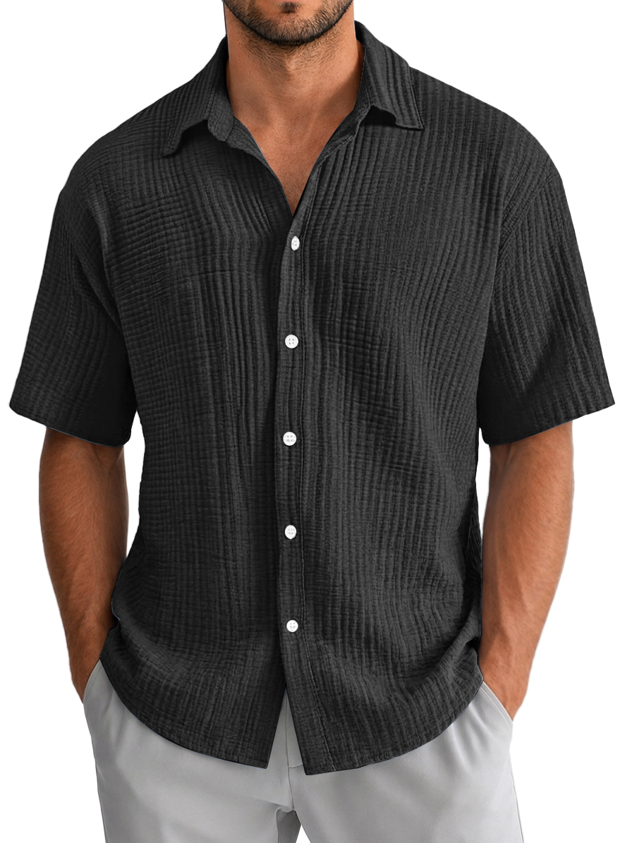 Men's Casual Loose Textured 100% Cotton Short Sleeve Shirt