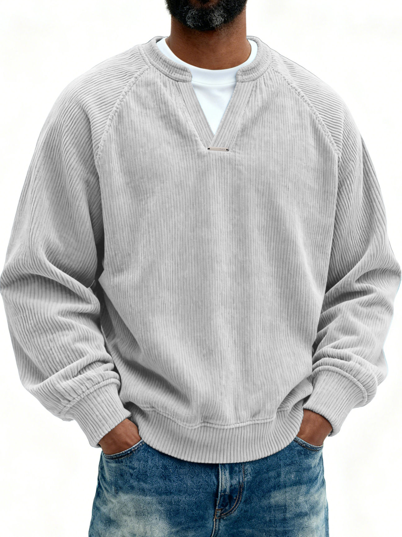 Men's Retro Casual Corduroy V-Neck Faux Two-Piece Long-Sleeve T-Shirt