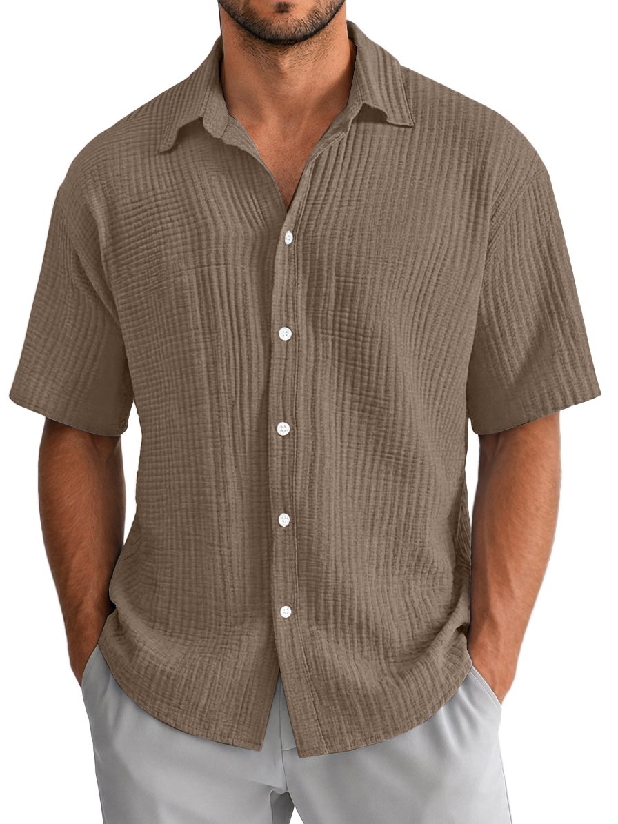 Men's Casual Loose Textured 100% Cotton Short Sleeve Shirt