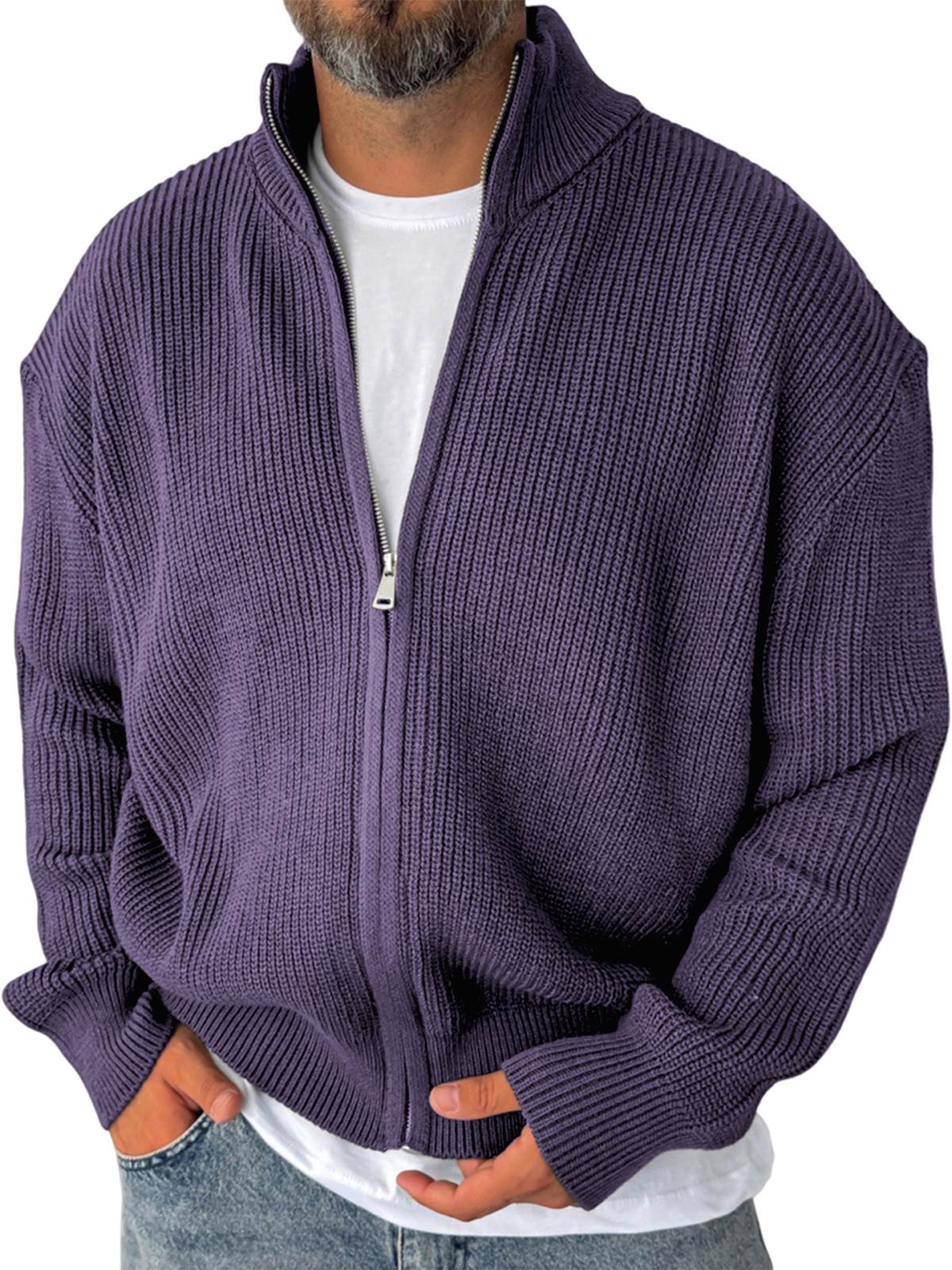 Men's Simple Zipper Warm Sweater Textured Cardigan Jacket