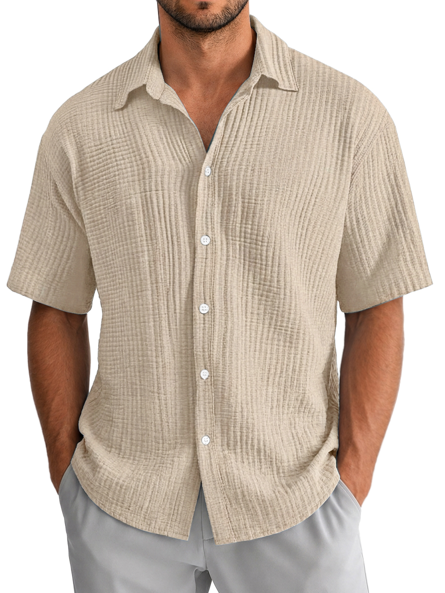 Men's Casual Loose Textured 100% Cotton Short Sleeve Shirt