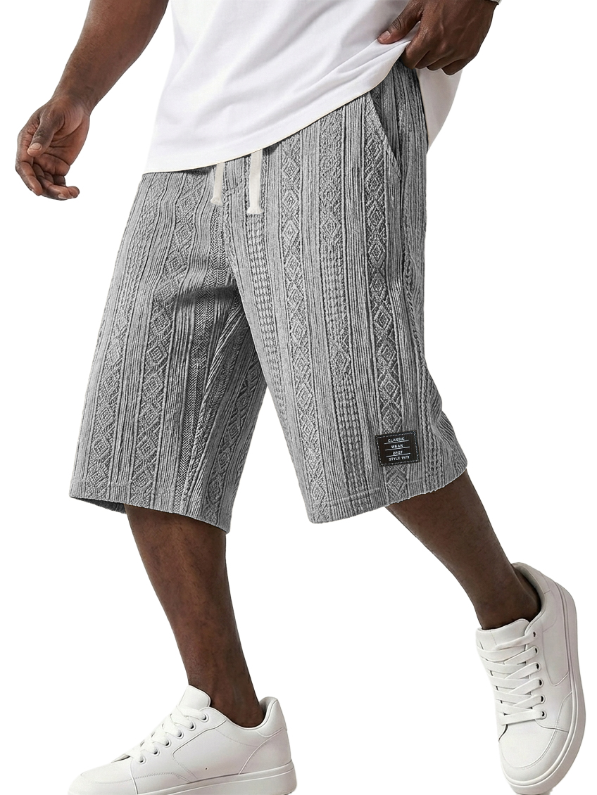 Men's Striped Jacquard Casual Embroidered Logo Elastic Waist Solid Color Shorts