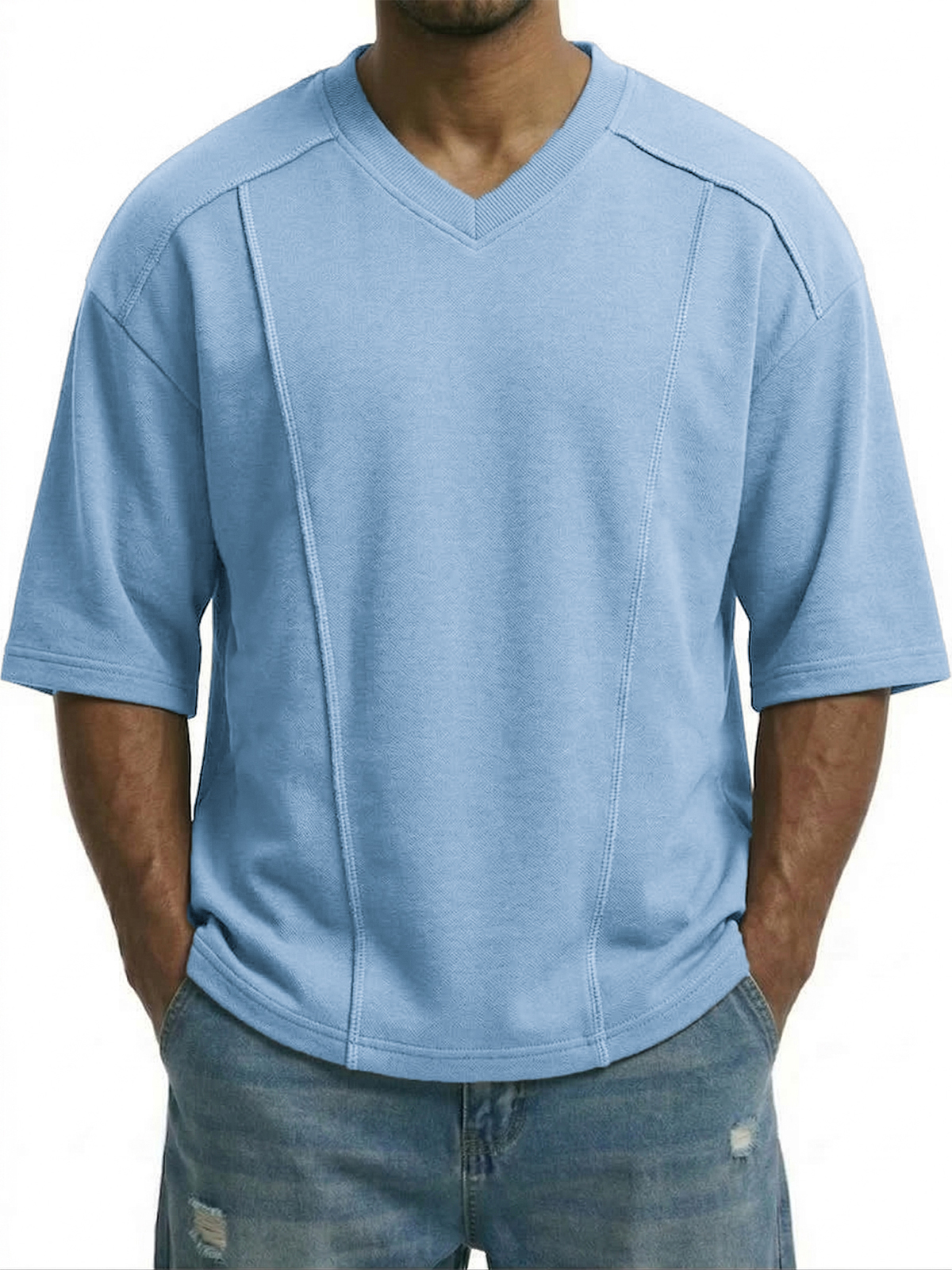 Men's Deconstructed Design Patchwork V-neck Pullover T-shirt