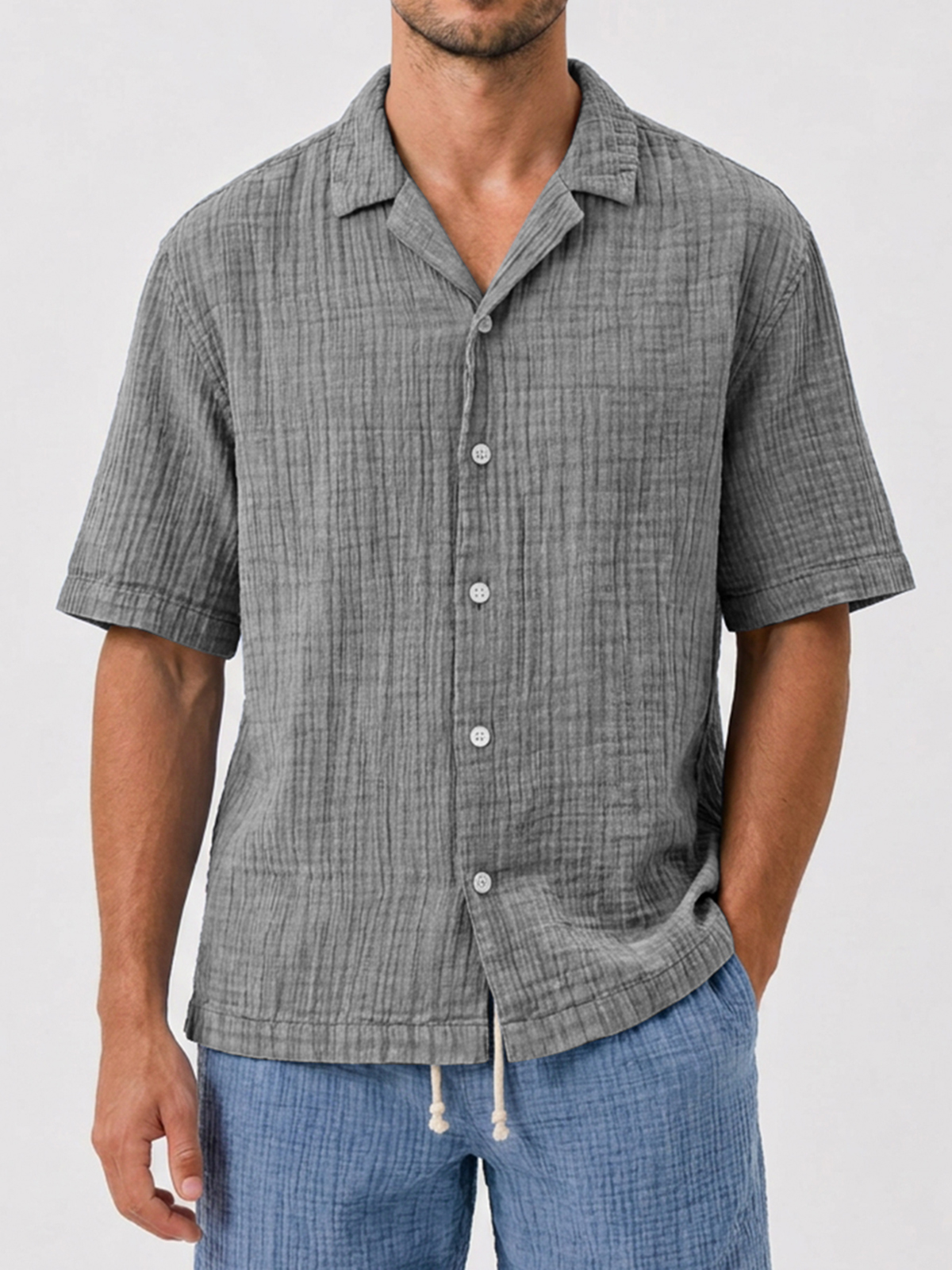 Men's Casual Loose Comfortable Textured Cuban Collar Short Sleeve Shirt